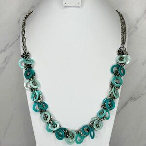 Blue Mother of Pearl Flower Beaded Silver Tone Long Necklace